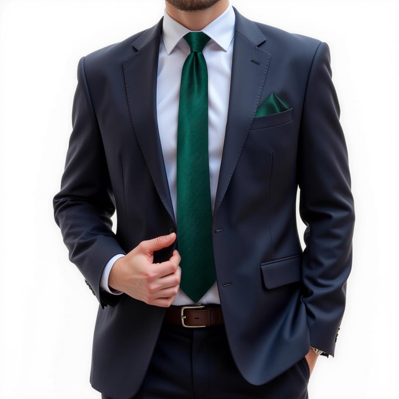 DiBanGu Mens Solid Color Tie and Pocket Square Set Woven Silk Plain Necktie & Handkerchief for Men Wedding Party Formal, Emerald Green - Image 2